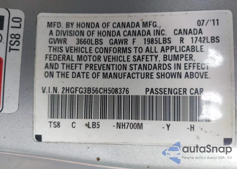 2012 Honda Civic Lx z USA, uszkodzony, nr VIN 2HGFG3B56CH508376